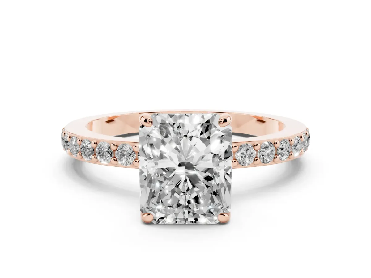 Radiant Cut Diamond Pavé Engagement Ring with Round Accents and Prong Setting Rose gold