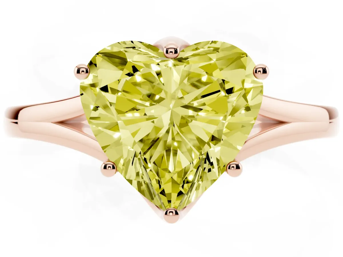 Fancy Yellow Heart Cut Solitaire Diamond Ring with Six-Prong Setting and Tapered Band Rose gold