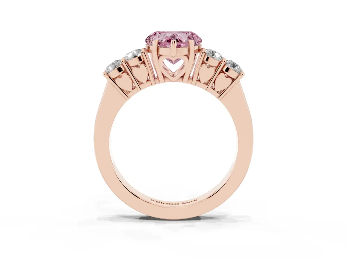 Fancy Pink Heart Cut Cut Diamond Five-Stone Prong Set White Gold Ring Rose gold