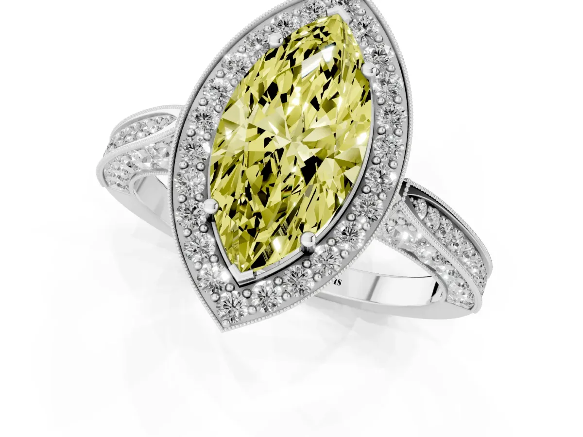 Fancy Yellow Marquise Cut Halo Diamond Engagement Ring with Split Shank Band and Four-Prong Setting Platinum