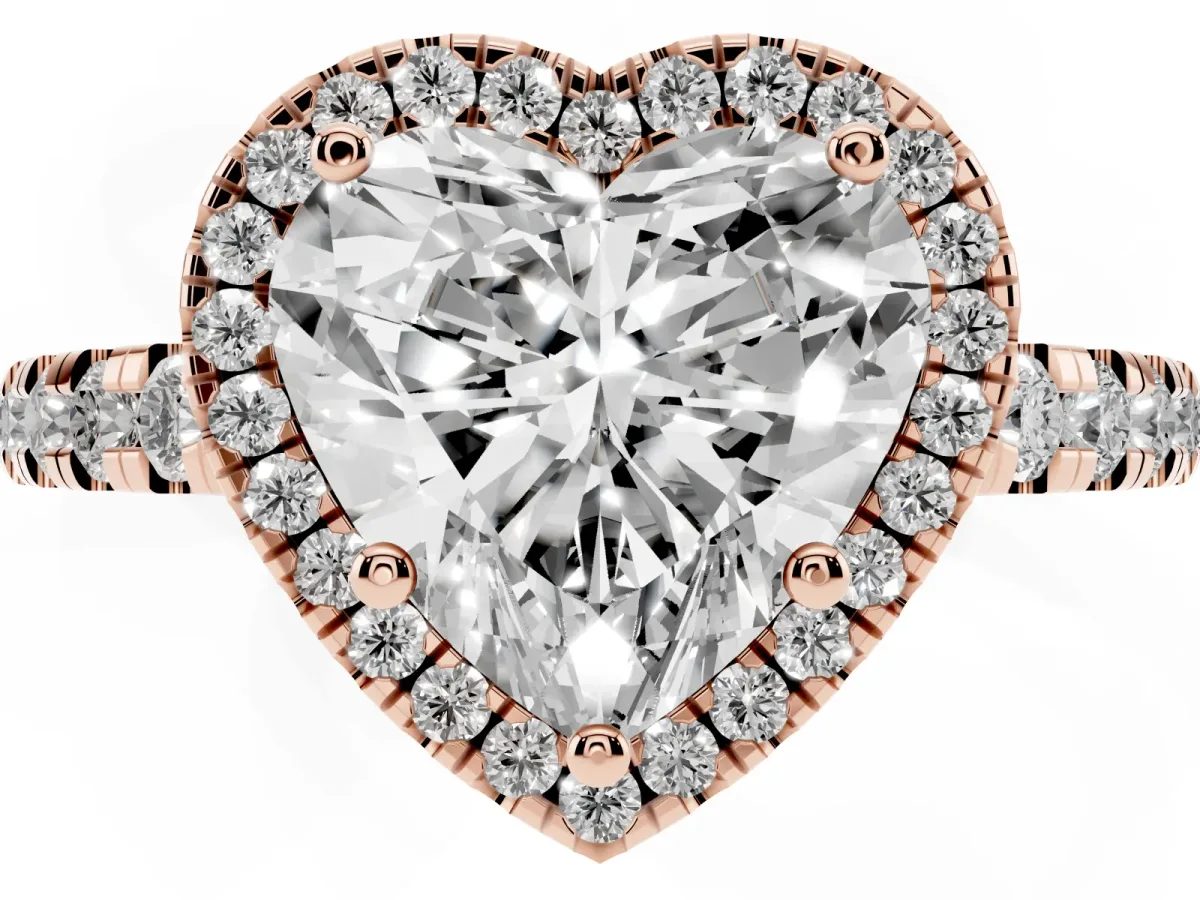 Heart Cut Diamond Halo Ring with Pavé Band and Four-Prong Setting Rose gold