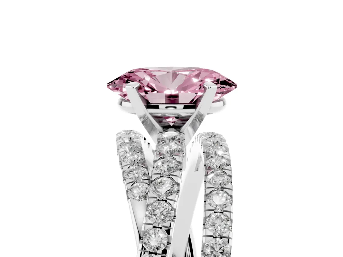 Fancy Pink Oval Cut Solitaire Twist Band with Pavé Setting and Four-Prong Setting Silver