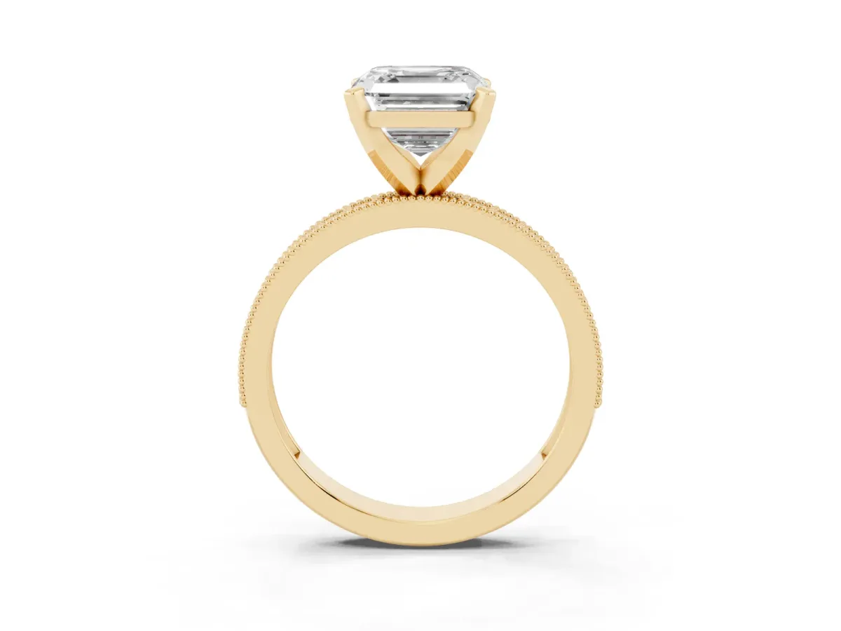 Asscher Cut Diamond Milgrain Pavé Engagement Ring with Four-Prong Setting Yellow gold