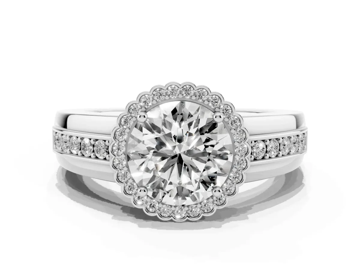 Round Cut Cut Halo Pave Band Four-Prong Ring Silver