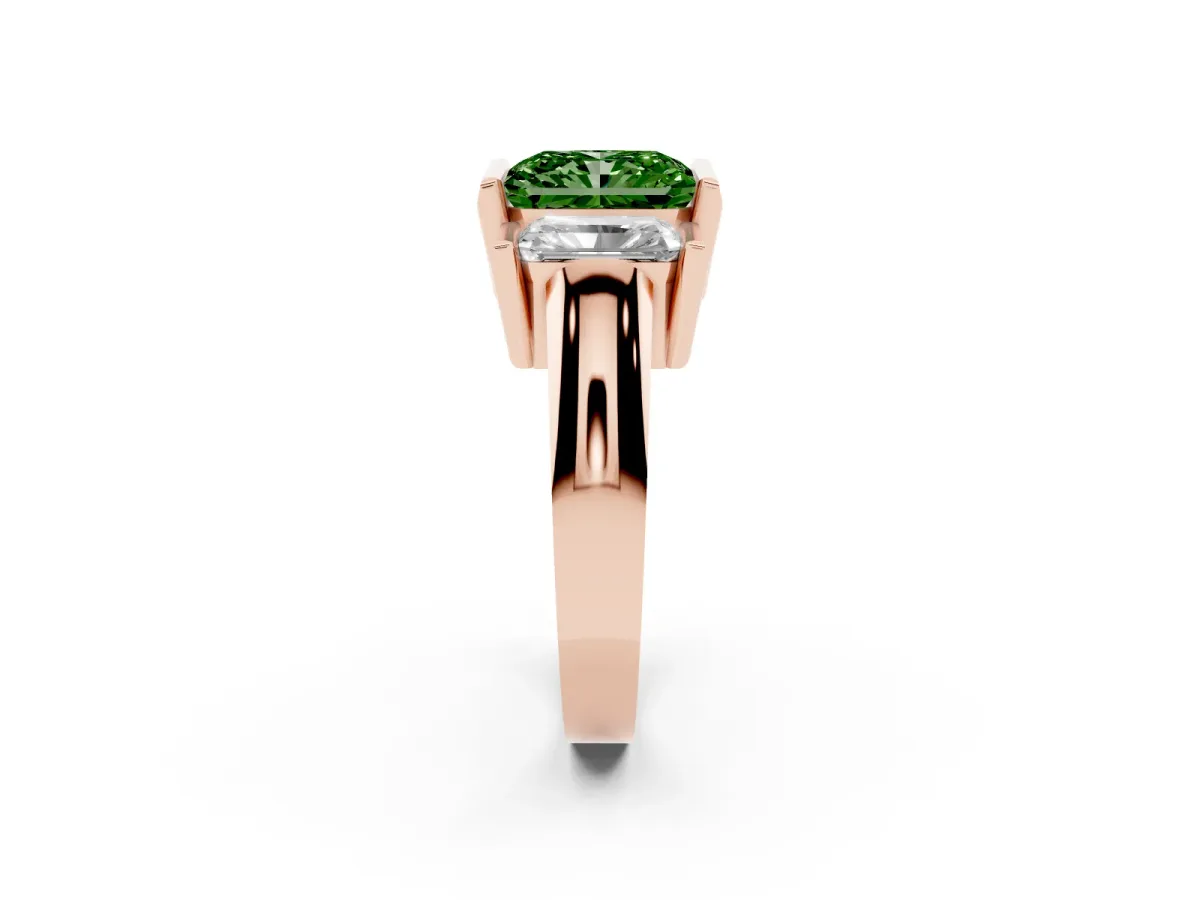 Fancy Green Three Stone Radiant Cut Cut Channel Set Diamond Ring Rose gold
