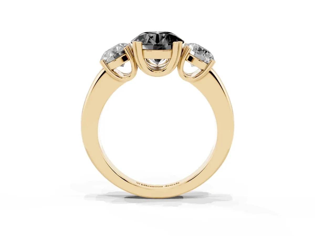 Fancy Black Three-Stone Round Cut Cut Diamond Ring with Channel Set Band and Four-Prong Setting Yellow gold