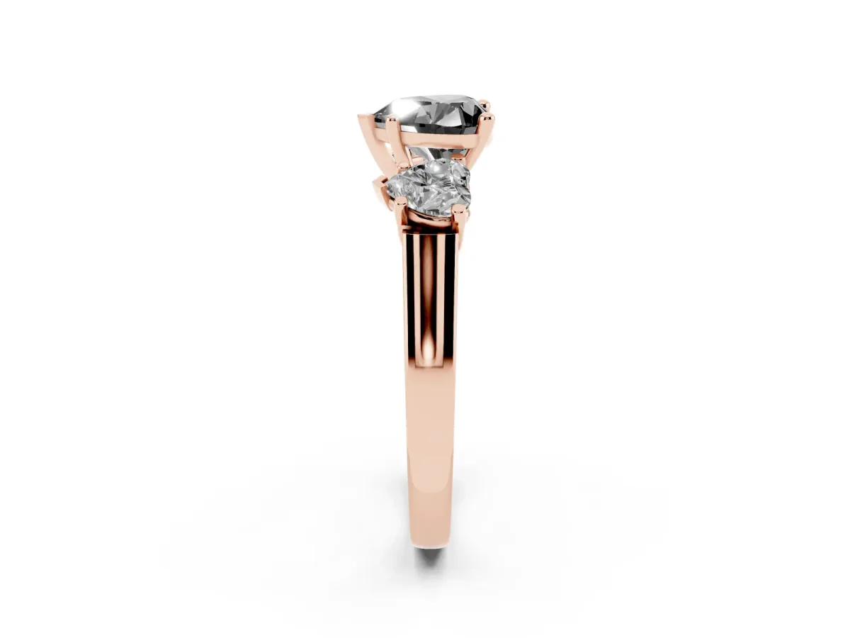 Fancy Black Three-Stone Heart Cut Brilliant Diamond Trellis Ring with Comfort Fit Band Rose gold