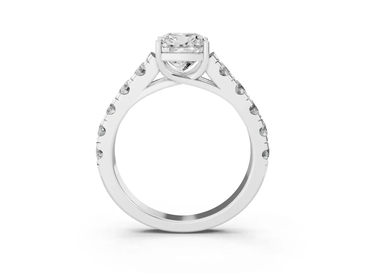 Cushion Cut Cut Diamond Solitaire Ring with Micro Pave Band and Prong Setting Platinum