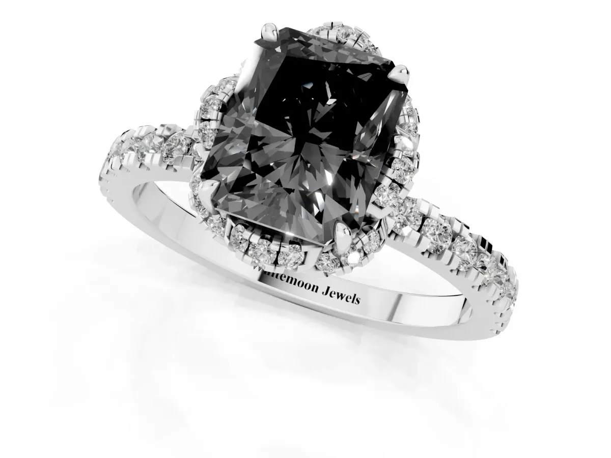 Fancy Black Radiant Cut Diamond Halo Pave Band with Four-Prong Setting Silver