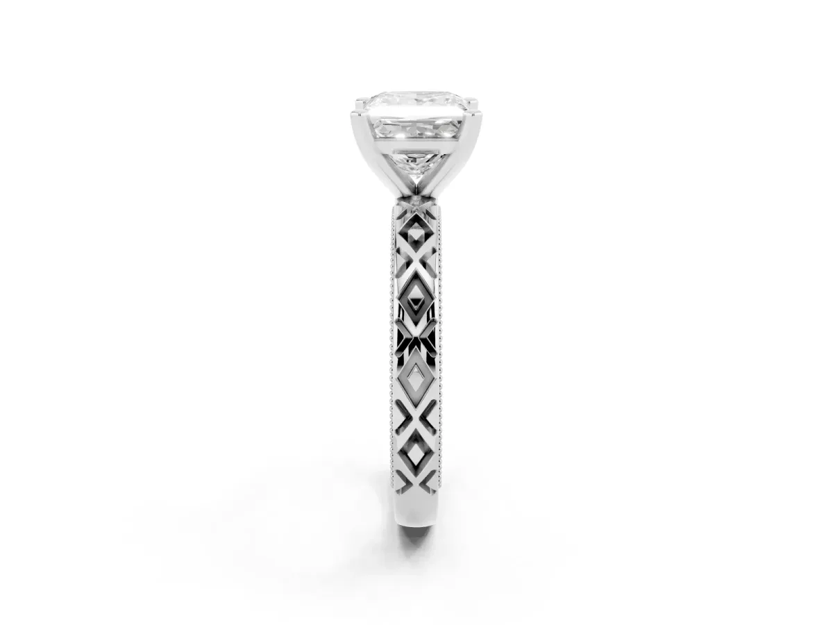 Princess Cut Solitaire Diamond Ring with Milgrain and Black Enamel X Pattern Band Silver