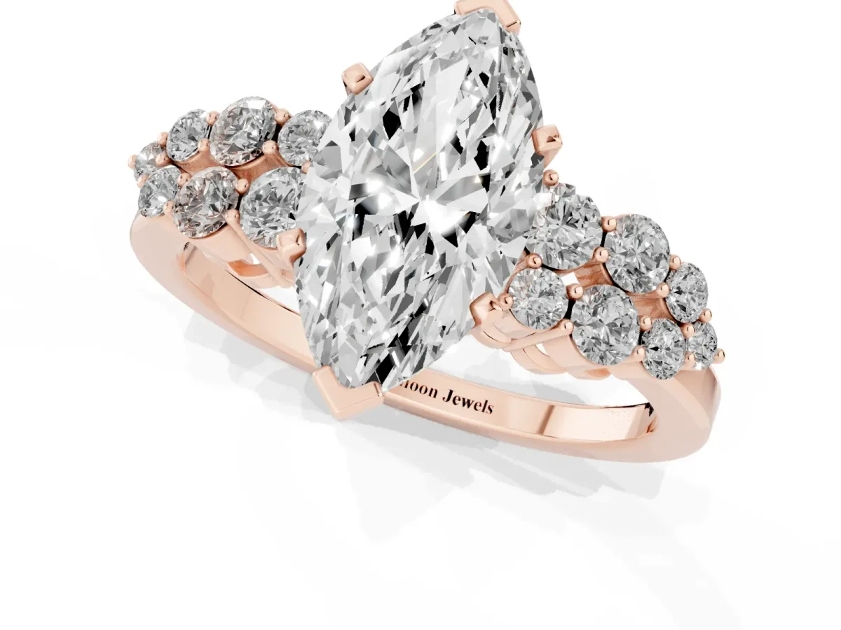 Marquise Cut Cluster Diamond Engagement Ring with Pavé Band and Four-Prong Setting Rose gold