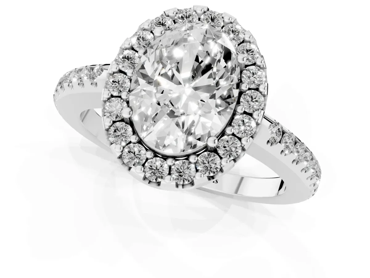 Oval Cut Diamond Pavé Halo Ring with Four-Prong Setting Platinum
