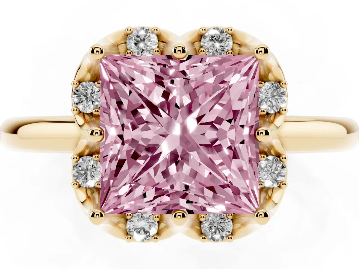 Fancy Pink Princess Cut Halo Diamond Ring with Round Cluster Setting, Solitaire Band, and Four-Prong Setting Yellow gold