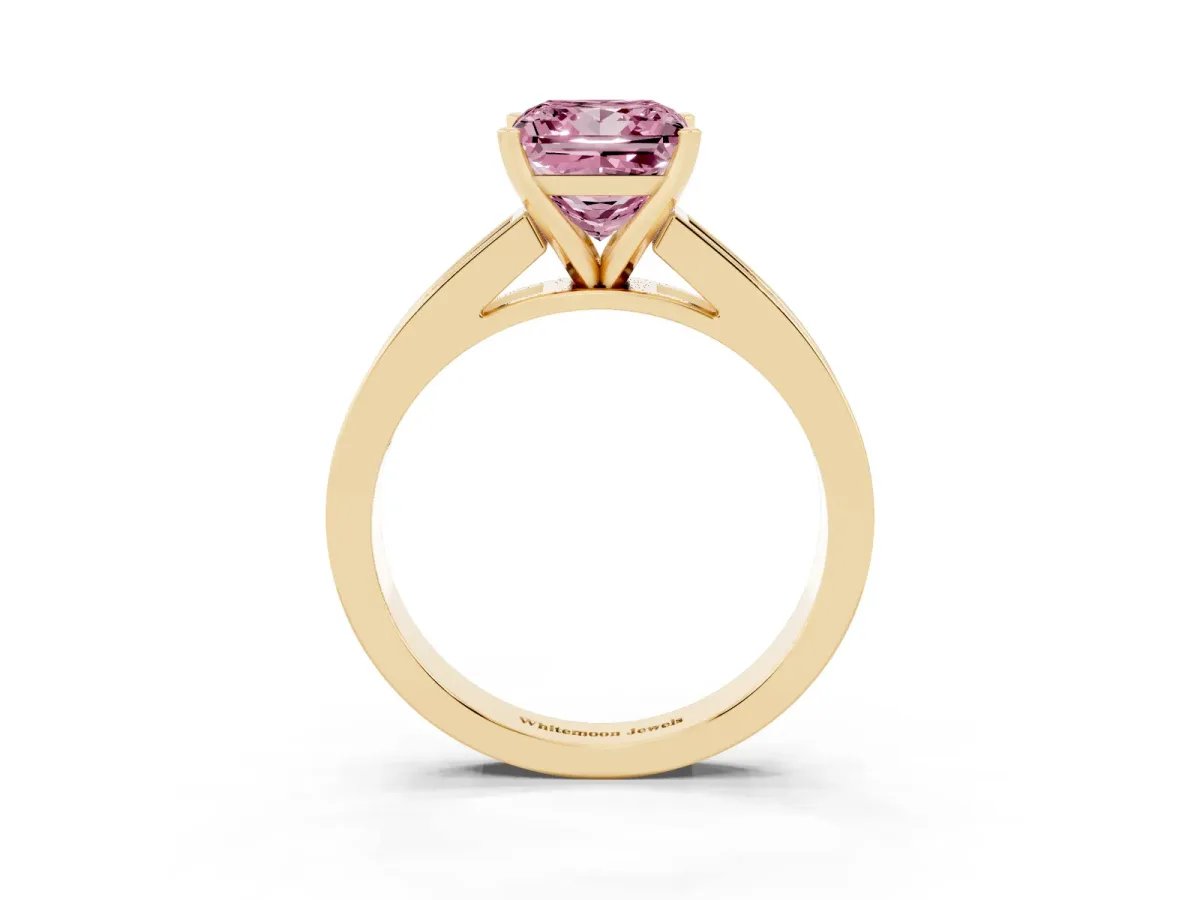 Fancy Pink Princess Cut Solitaire Diamond Ring with Channel-Set Band and Four-Prong Setting Yellow gold