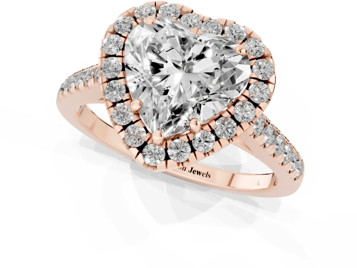 Heart Cut Halo Pavé Diamond Engagement Ring with Four-Prong Setting Rose gold
