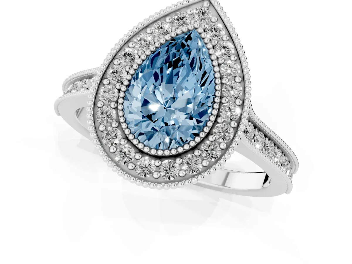 Fancy Blue Halo Pear Cut-Cut Diamond Pave Band Milgrain Prong Setting Ring Silver