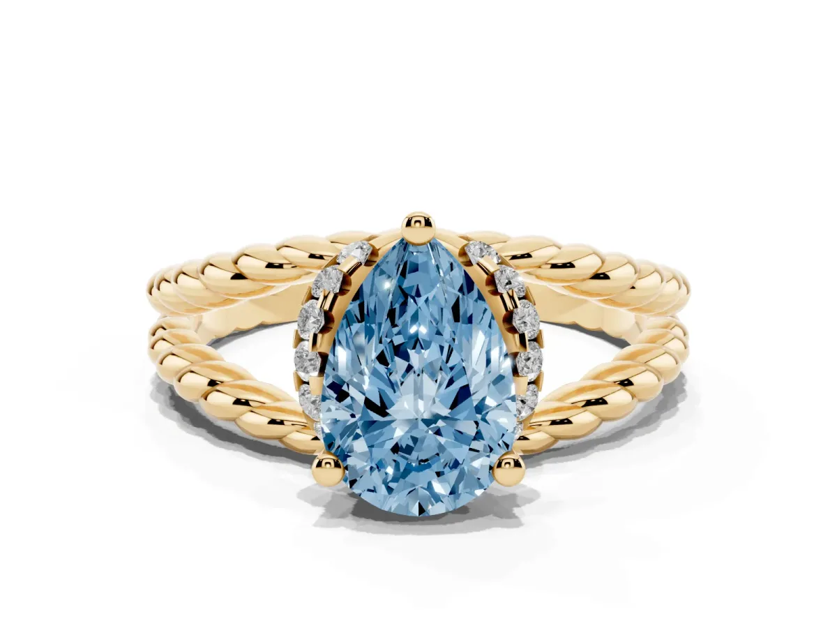 Fancy Blue Pear Cut Halo Twisted Band Four-Prong Ring Yellow gold