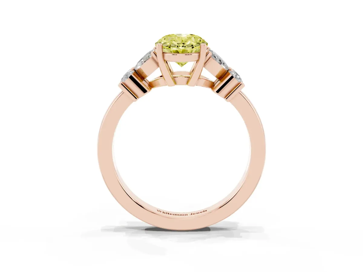 Fancy Yellow Oval Cut Diamond Floral Cluster Ring with Solitaire Band and Prong Setting Rose gold