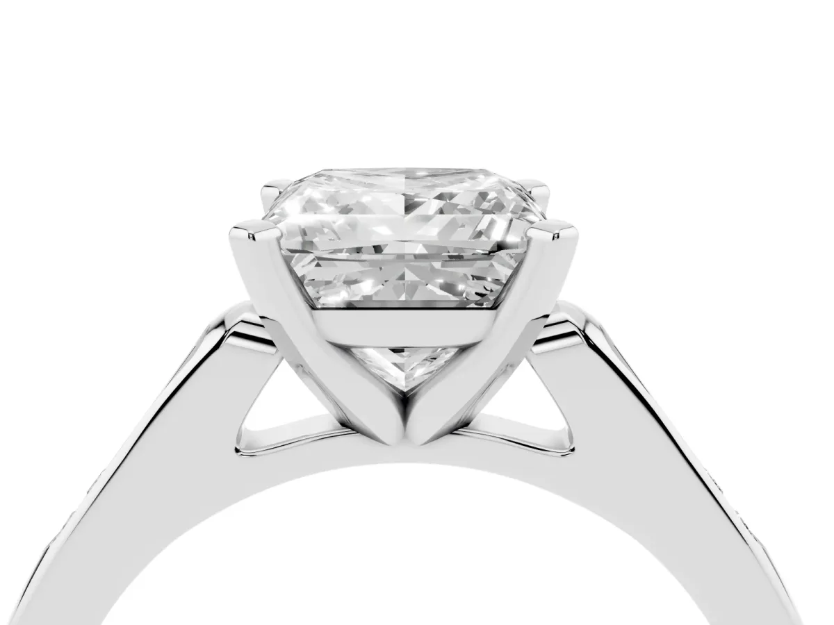 Princess Cut Diamond Solitaire Ring with Channel Set Round Band and Prong Setting Silver