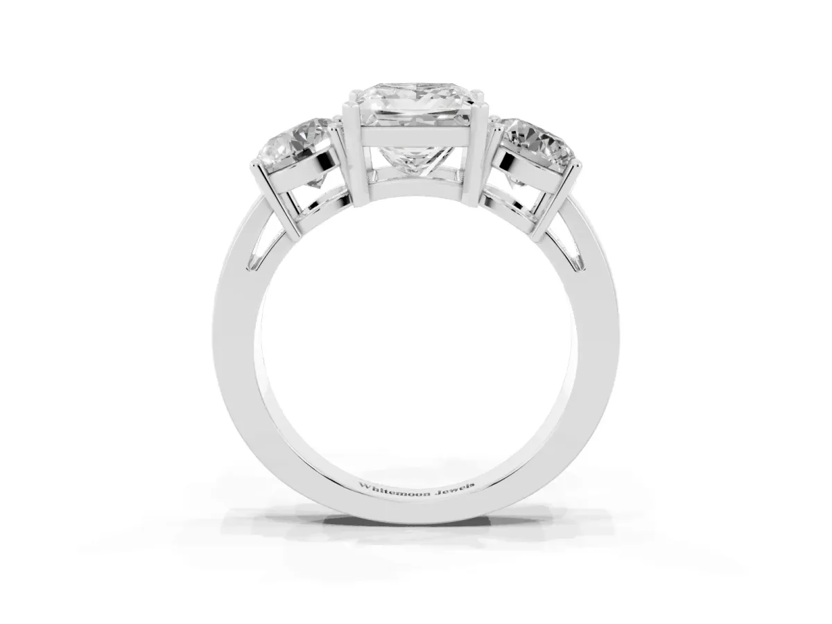 Three-Stone Princess Cut Diamond Ring with Round Side Stones, Classic Band, and Four-Prong Setting White gold