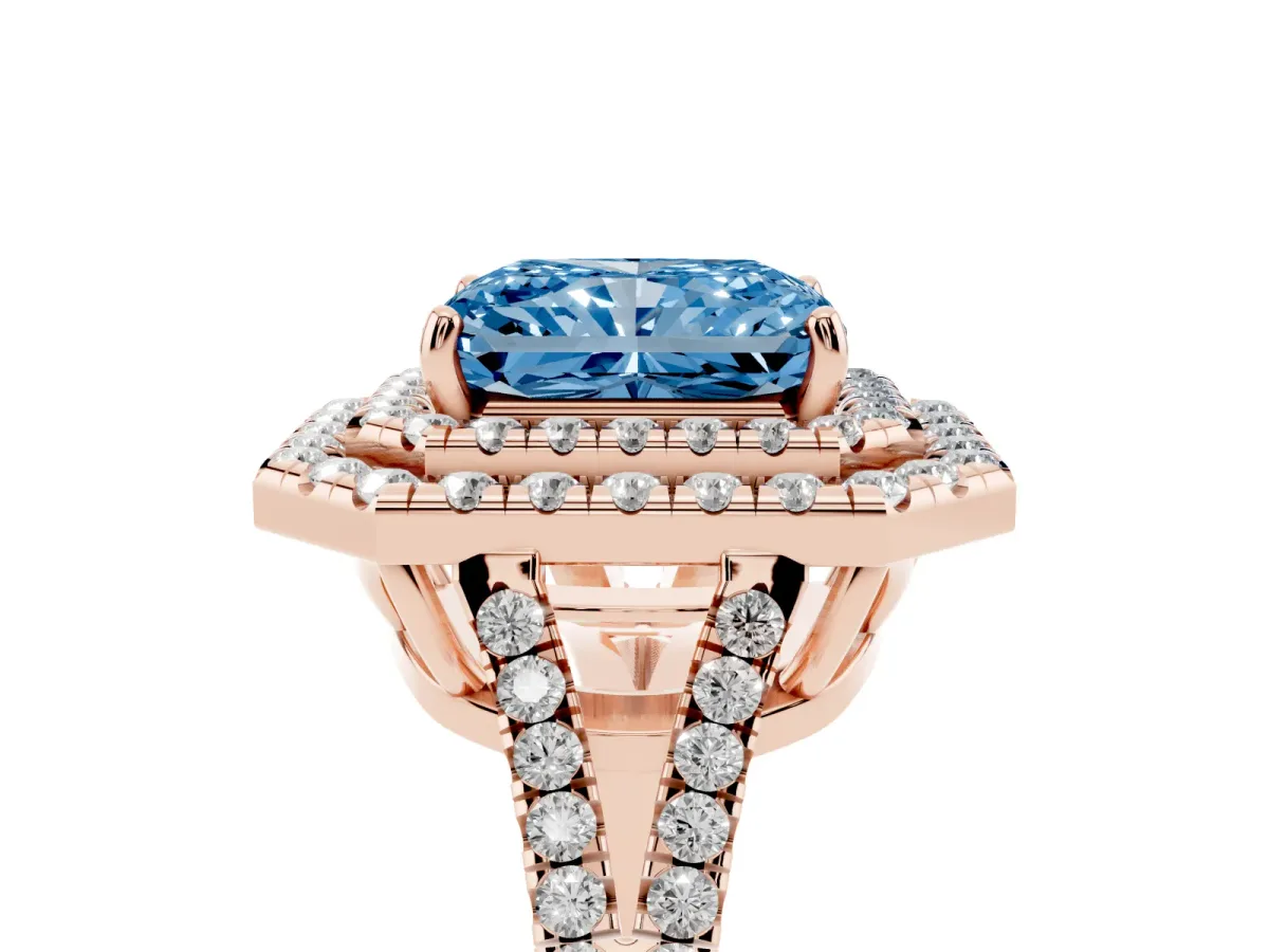 Fancy Blue Radiant Cut Diamond Double Halo Ring with Pavé Band and Prong Setting Rose gold