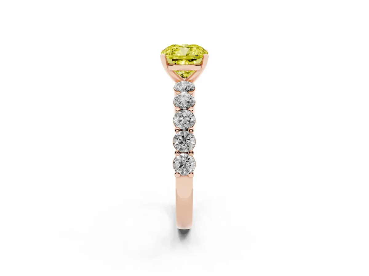 Fancy Yellow Cushion Cut Diamond Solitaire Ring with Shared Prong Round Side Stones Rose gold