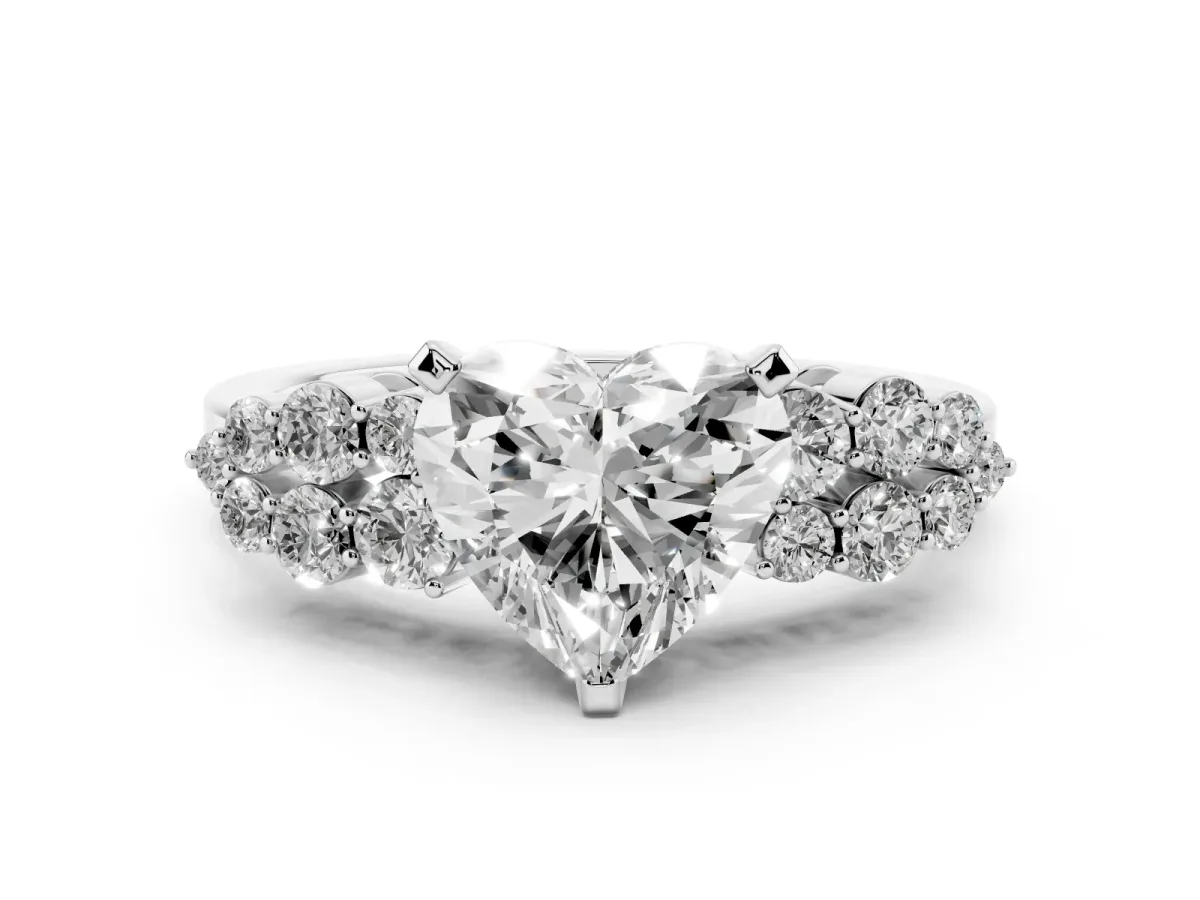 Heart Cut Cluster Diamond Engagement Ring with Pavé Band and Four-Prong Setting Silver
