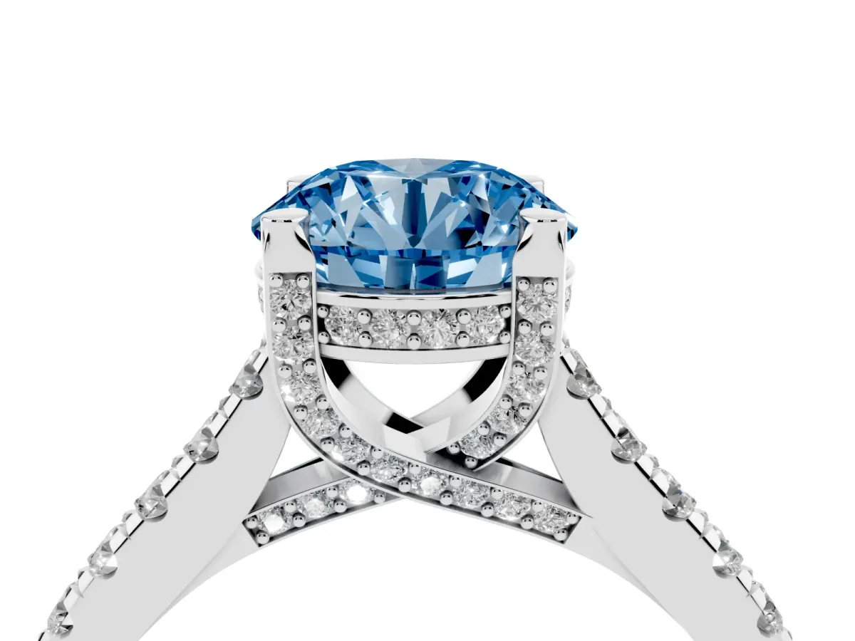 Fancy Blue Round Cut Brilliant Diamond Solitaire with Pavé Band and Four-Prong Setting Platinum