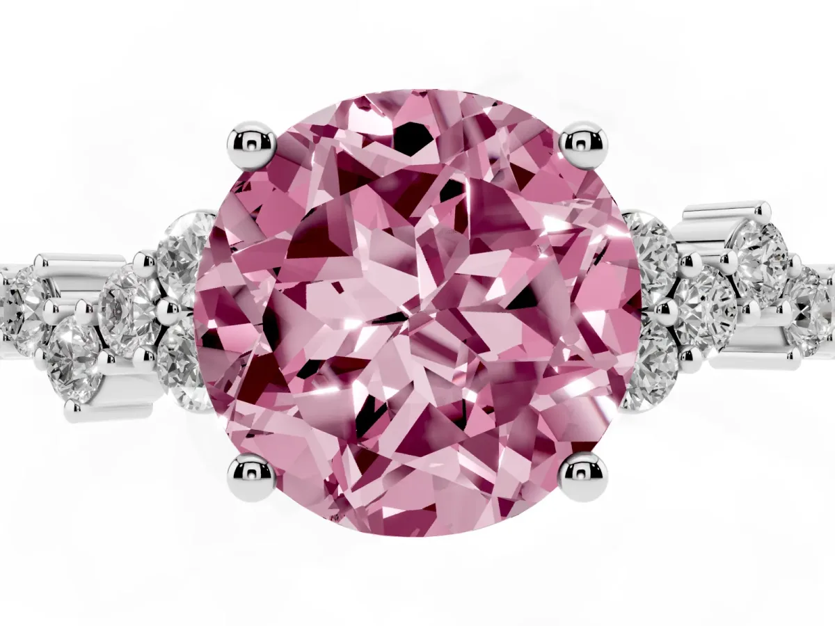Fancy Pink Round Cut Diamond Scattered Round Accent Ring with Prong Setting Silver