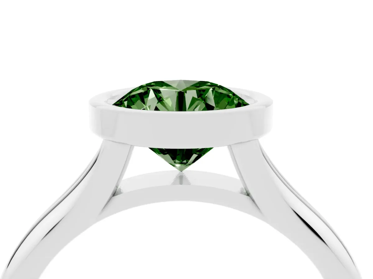 Fancy Green Bezel Set Round Cut Solitaire Diamond Ring with Smooth Band Silver