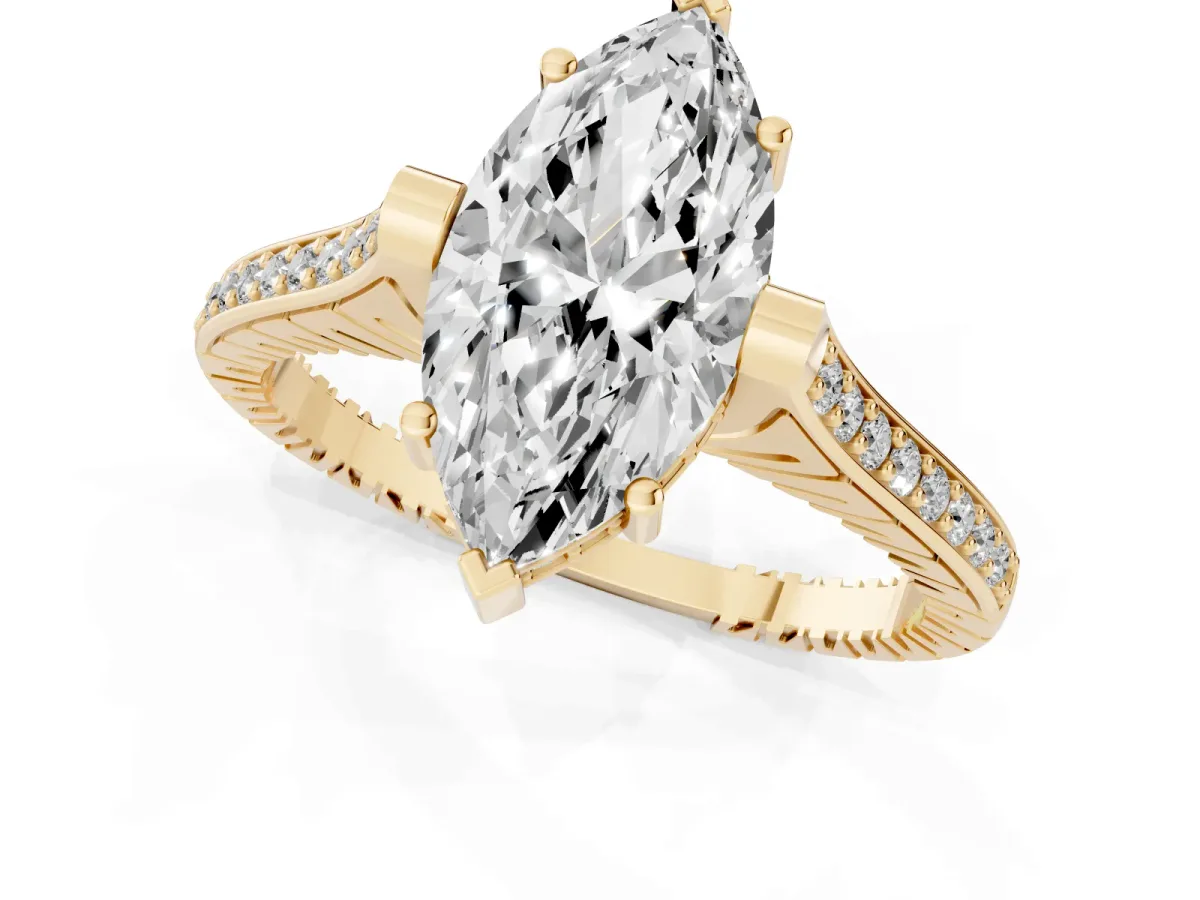 Marquise Cut Solitaire Diamond Ring with Channel Set Band and Bezel Prong Setting Yellow gold