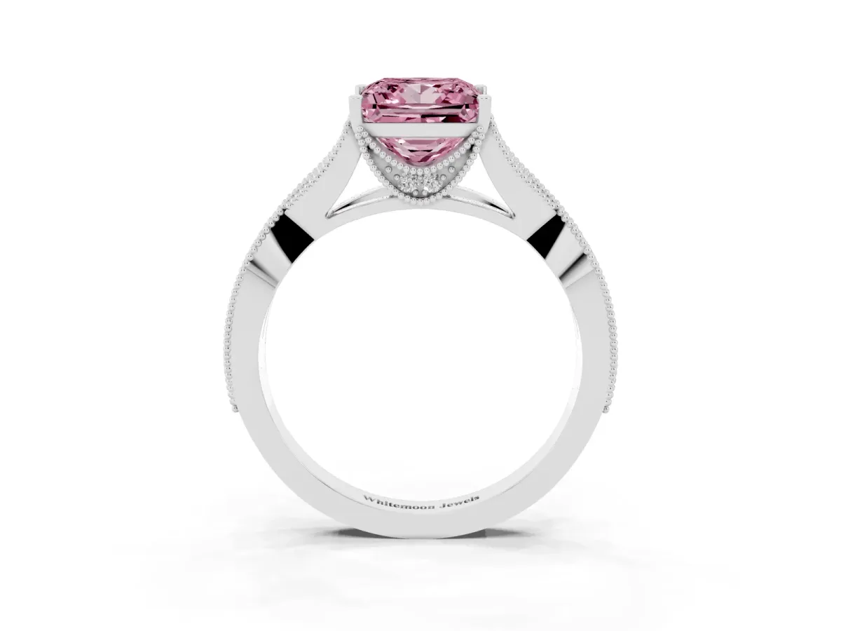 Fancy Pink Princess Cut Cut Diamond Twisted Band with Milgrain Pave Setting and Four-Prong Setting Platinum