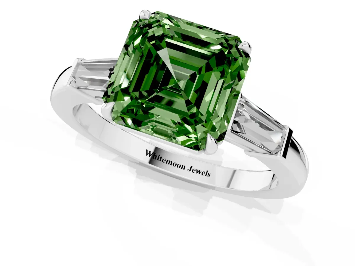 Fancy Green Asscher Cut Diamond Three-Stone Ring with Tapered Baguette Side Stones and Prong Setting Silver