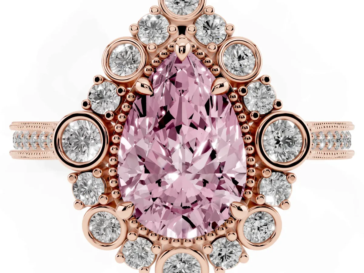 Fancy Pink Pear Cut Halo Milgrain Pave Diamond Ring with Four-Prong Setting Rose gold
