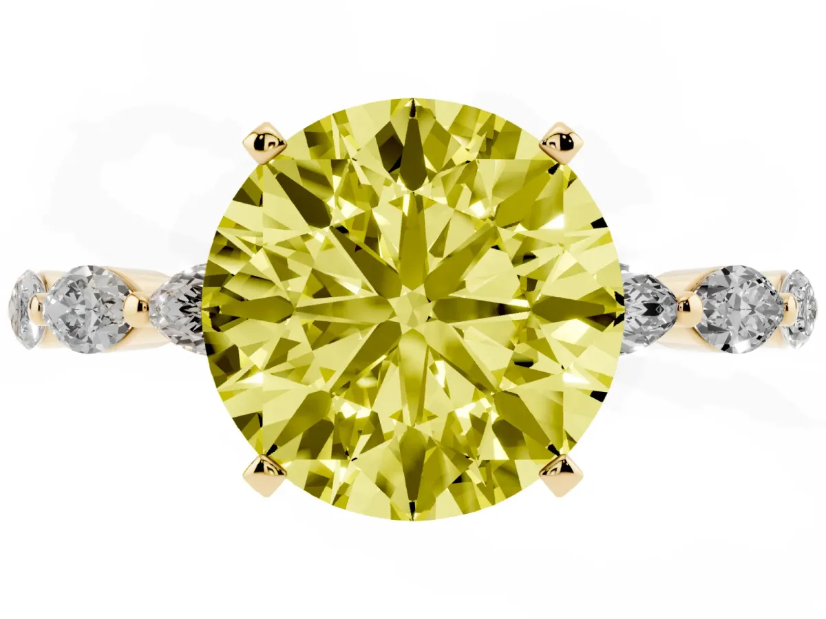 Fancy Yellow Round Cut Diamond Ring with Marquise Side Stones and Prong Setting Yellow gold