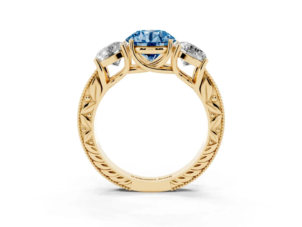 Fancy Blue Three-Stone Round Cut Cut Milgrain Pavé Engagement Ring Yellow gold