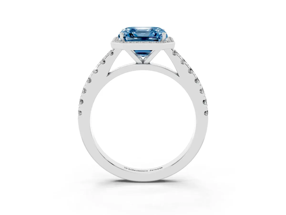 Fancy Blue Asscher Cut Cut Halo Diamond Engagement Ring with Pave Band and Four-Prong Setting Platinum