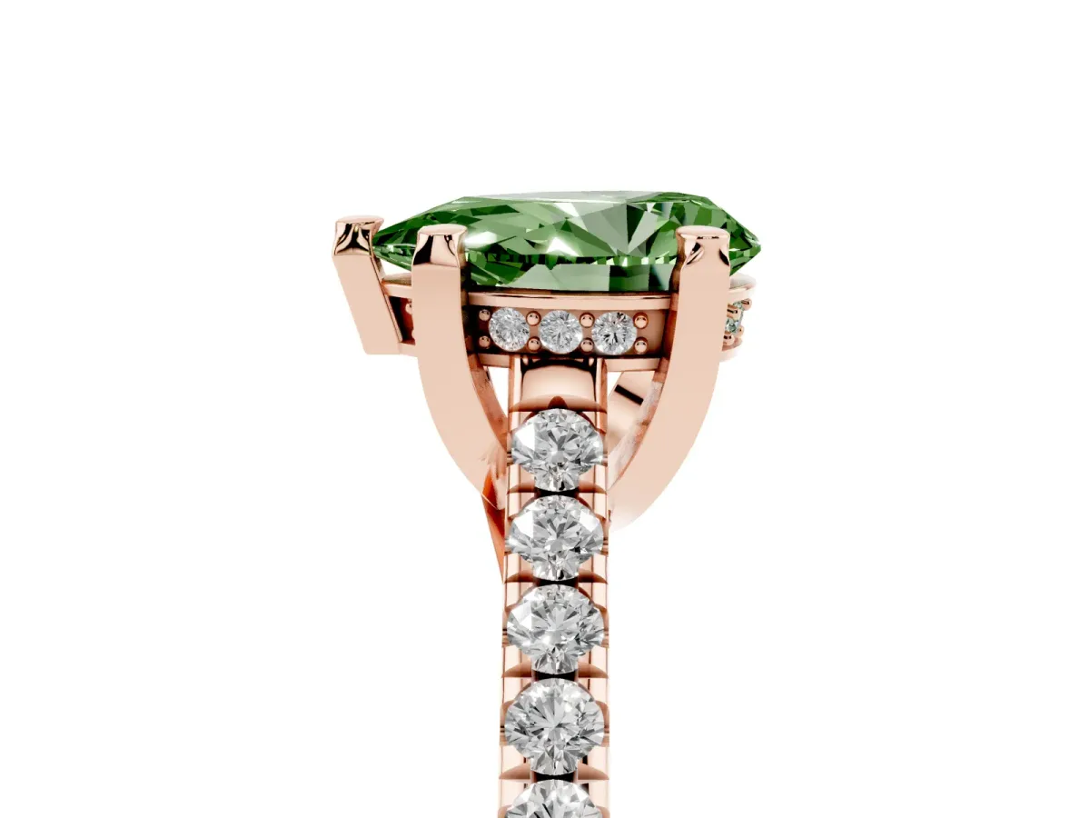 Fancy Green Pear Cut Brilliant Diamond Solitaire with Pavé Band and Four-Prong Setting Rose gold