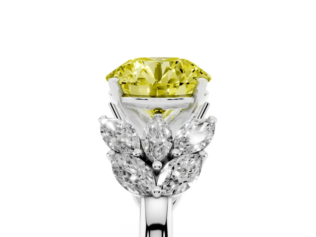 Fancy Yellow Round Cut Diamond Cluster Leaf Design Ring with Prong Setting Silver