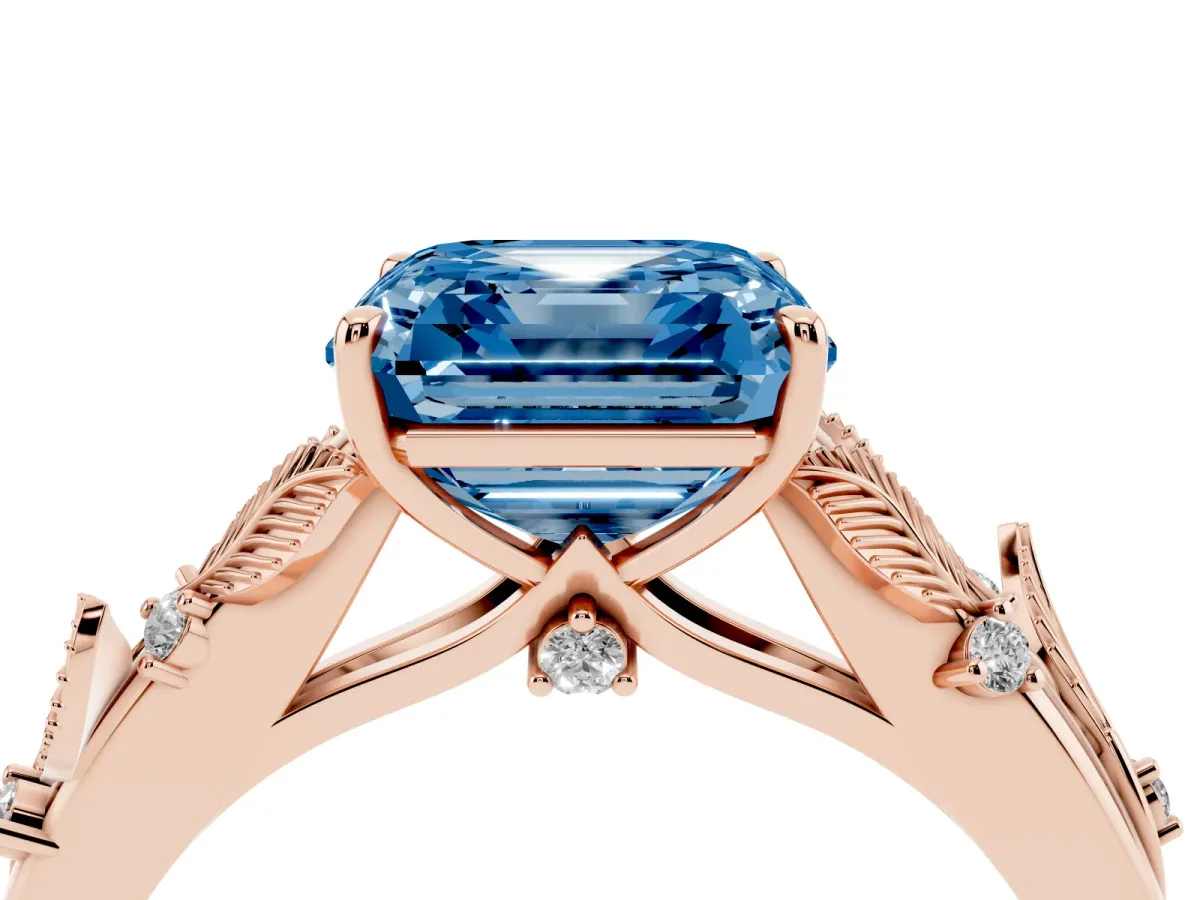 Fancy Blue Asscher Cut Diamond Solitaire Ring with Leaf Motif Band and Four-Prong Setting Rose gold