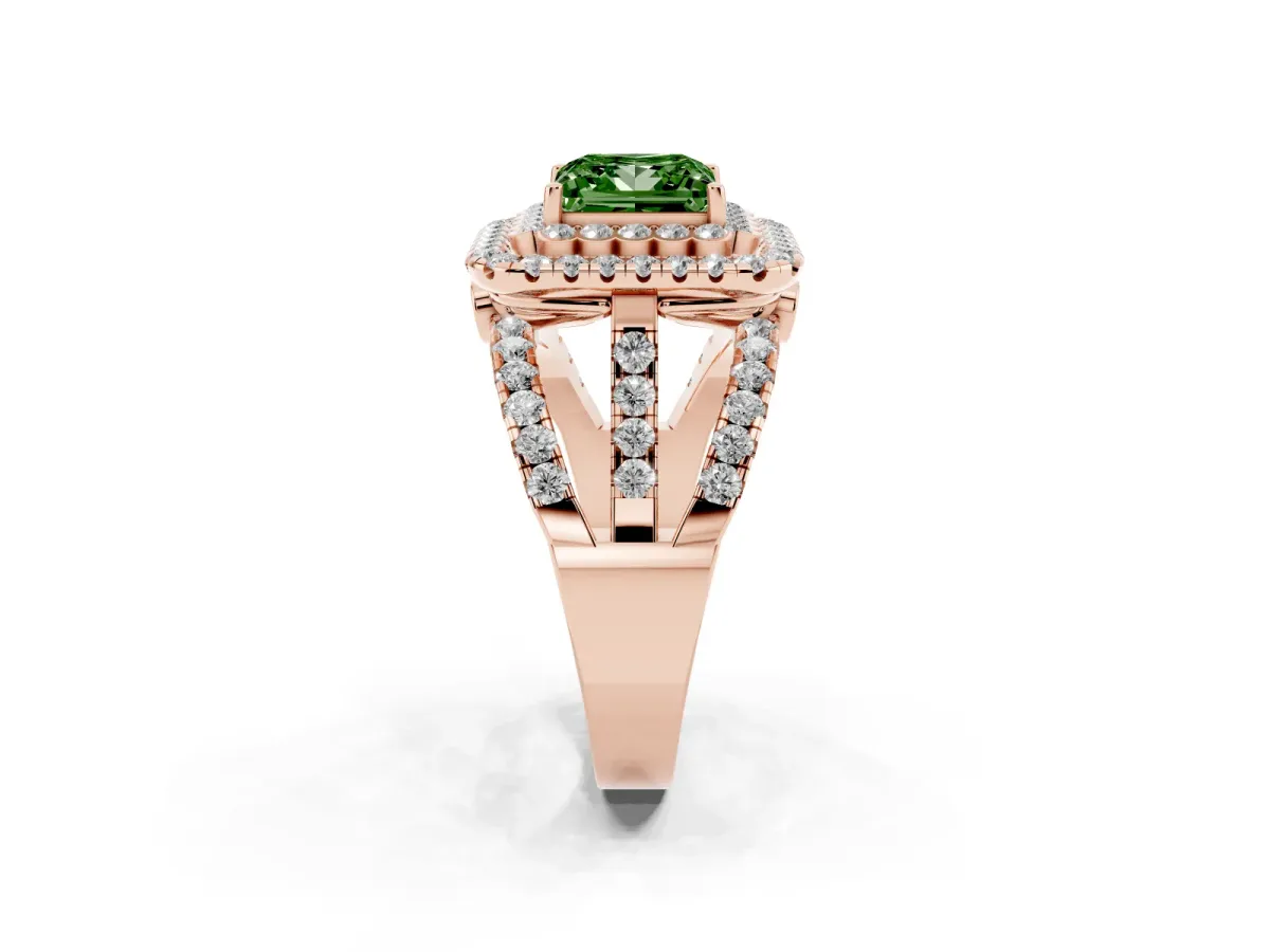 Fancy Green Princess Cut Diamond Double Halo Ring with Round Pavé Split Shank and Prong Setting Rose gold