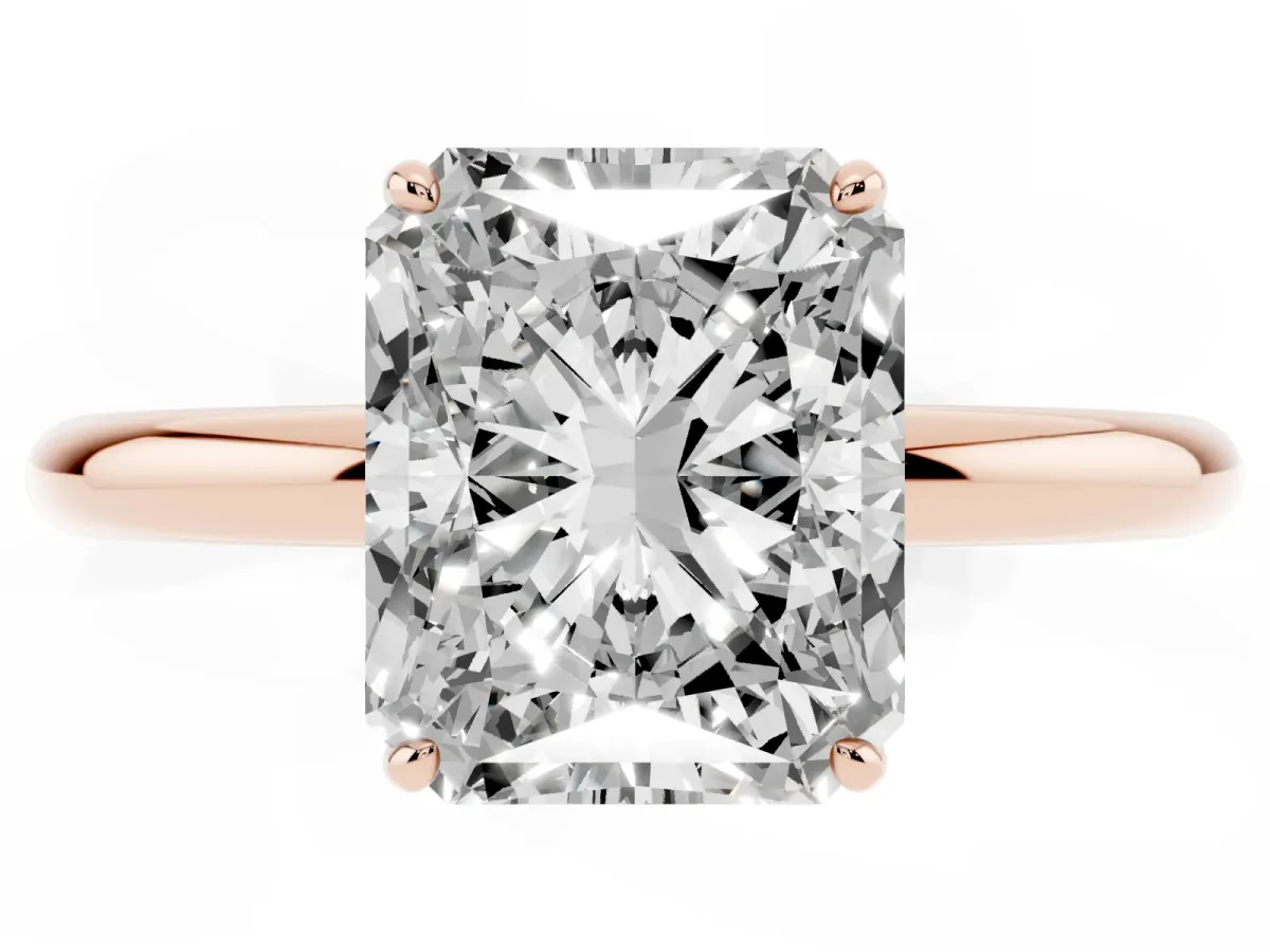 Radiant Cut Solitaire Diamond Ring with Four-Prong Setting on a Plain Band Rose gold