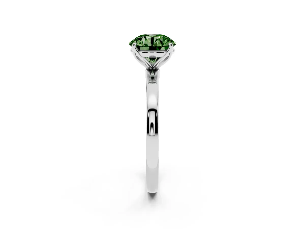 Fancy Green Round Cut Diamond Solitaire Ring with Thin Band and Prong Setting Platinum