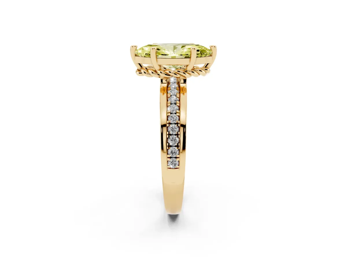 Fancy Yellow Marquise Cut Solitaire Diamond Ring with Channel Set Band and Six-Prong Setting Yellow gold