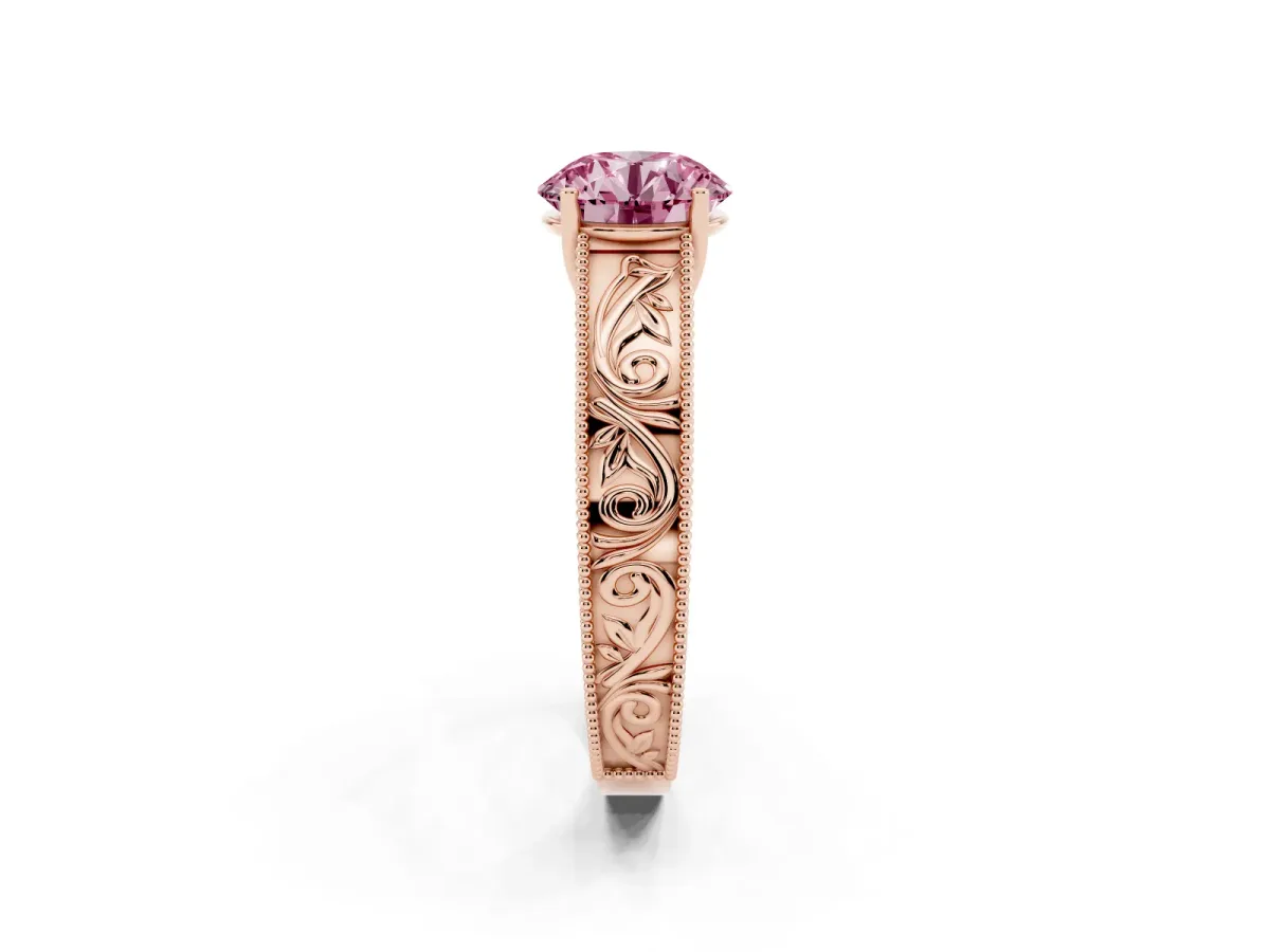 Fancy Pink Round Cut Diamond Solitaire Ring with Engraved Band and Four-Prong Setting Rose gold