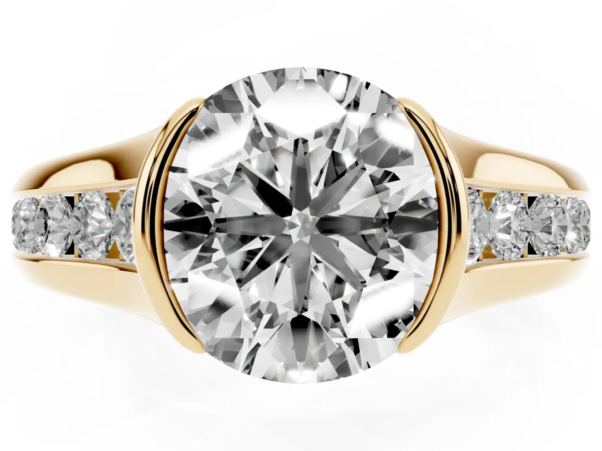 Round Cut Solitaire Bezel-Set Diamond Ring with Channel-Set Band Yellow gold