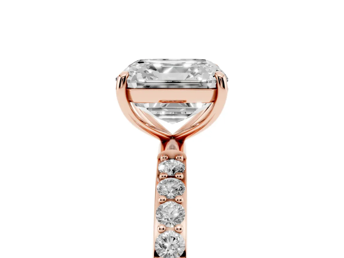 Asscher Cut Diamond Solitaire Ring with Round Pavé Shoulders and Prong Setting Rose gold