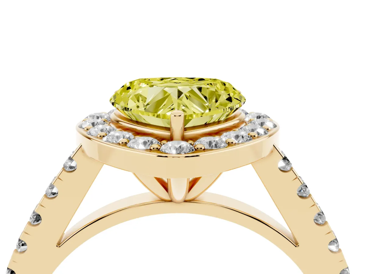 Fancy Yellow Heart Cut Diamond Halo Ring with Round Pavé Split Shank and Prong Setting Yellow gold
