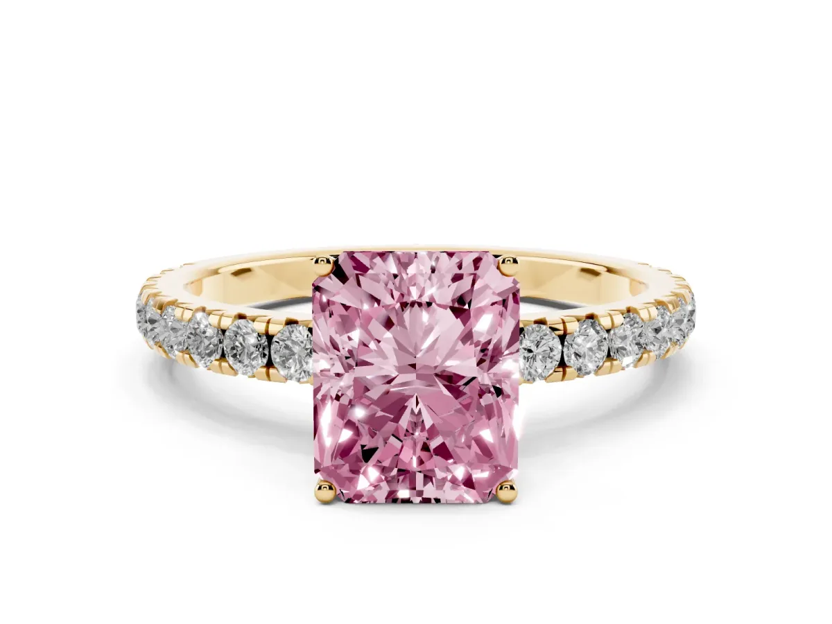 Fancy Pink Radiant Cut Diamond Pavé Solitaire Engagement Ring with Four-Prong Setting Yellow gold