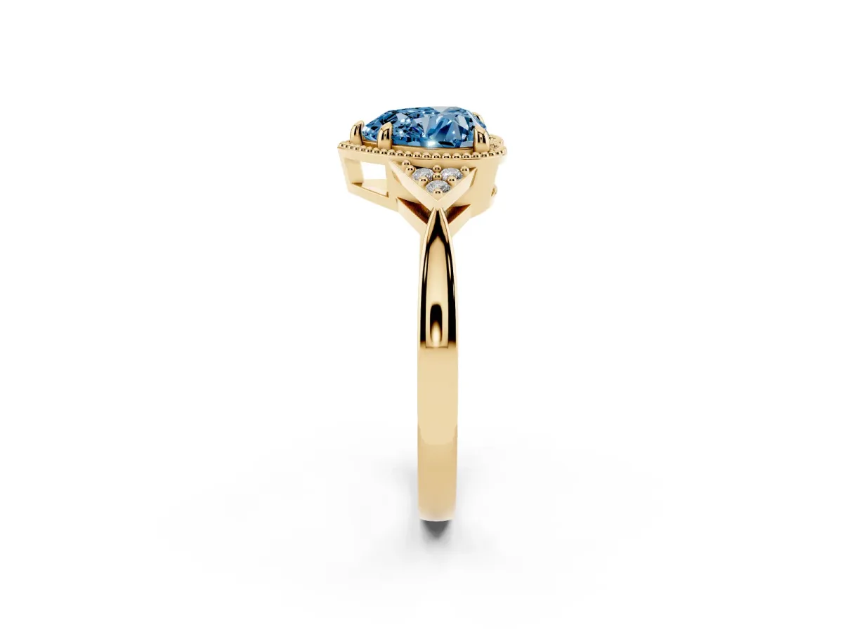 Fancy Blue Hexagonal Halo Heart Cut Diamond Solitaire with Pavé Band and Four-Prong Setting Yellow gold
